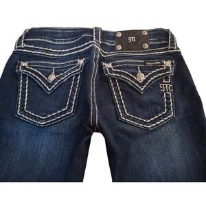 Miss Me Loose Saddle Stitch Border Bootcut Jeans Women's 28 Blue Denim Stretch